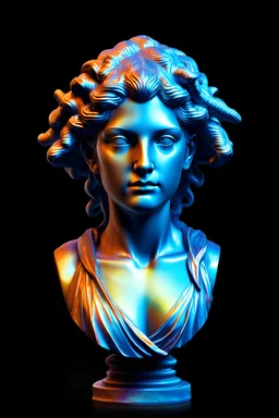 A stunning iridescent female marble bust of Medusa, rendered in Unreal Engine at 8k resolution. It features vibrant colors, is very reflective, has perfect lighting, a dark indigo background, and was created using ZBrush.