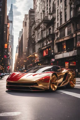 creates a concept supercar in '90s style with a retro-futuristic bodywork in red-gold and silver on a street of New York, with a bright sky