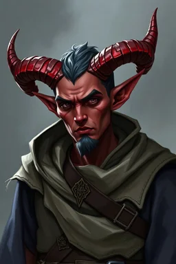 Please generate a male Tiefling for D&D. He wears a mage outfit. He has a pair of curved horns on her head. He has red skin. He looks scary with his enhanced demon side