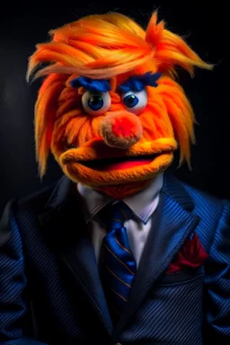 a Film Photograph of a realistic angry orange Donald Trump Muppet made of felt and fur wearing a dark blue suit and red tie and with combover