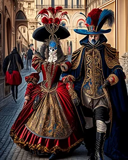 Pareja hombre y mujer con disfraz en el carnaval de Venezia caminando por Venezia mascara vestido has el suelo pantalones obra de arte pintura arte Bauhaus obra de arte hiperdetallada intricadas finamente detallada 8k