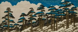 A tundra with falling snowflakes from clouds painted by Utagawa Hiroshige