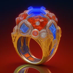 Ring made by wood roots and shreds of glass, orange diamonds sparkles, red rubi fragments around, blue lights reflexes, complex structure, gold details, intricate ring pattern,Unreal Engine 5, macro lens,sharp focus, photorealistic, hyper detailed, studio lighting, neon light ambient, cinematic