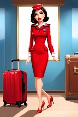 pin-up style realistic cartoon of 50 year old brunette stewardess in short and tight red uniform dress with very red lips and long eyelashes, shiny red heels and a cabin suitcase