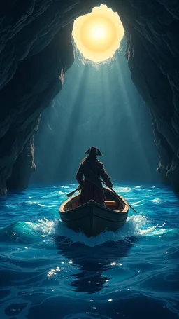 A pirate standing in a boat inside a cave with ocean water with a hole in the top showing the sun