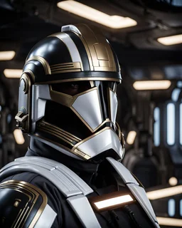 star wars bald male corellian pilot wearing pearlescent black and gunmetal grey First Order special forces armored flightsuit and helmet with gold trim inside the jedi temple, centered head and shoulders portrait, hyperdetailed, dynamic lighting, hyperdetailed background, 8k resolution, volumetric lighting, light skin, fully symmetric details