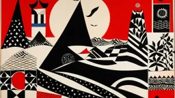 An abstract and geometric illustration by Malevich and Kuniyoshi of a black and white desert landscape with an anarchist red and back flag.