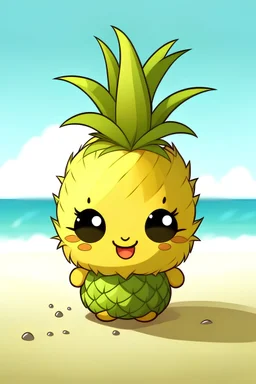 cute, simple, chibi pineapple on a beach