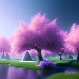 very beautiful crystal building , elegant, cascades, trees, atmospheric, realistic, cinematic lighting, pink blue light, 8k, galactic atmosphere, flowers