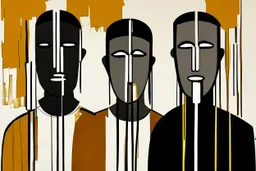 (three:2) determined ancient male Jews (wearing Jewish jewelry:2), acrylic painting, minimal art, centered, wild sparse brushstrokes, amazing verticals, great parallels, low bleak colors of gold, beige and black, excellent negative space contrasts