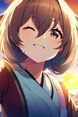 Close up of trendy anime Girl standing on edge of cliff, head towards the sky, eyes closed, sun on face, thankful and smiling