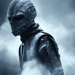 All Black Hayden Christensen soldier, ghost, wearing high tech mask, white smoke, dark, rage, sorrow, high definition, ultra 8 k, volumetric lighting, blue fire, fog