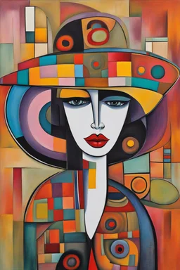 abstract paint from Lady in big hat , vibrant colors, folk art, non-figurative mode, style combined abstract art with dadaism, patchs, black lines, surrealism style