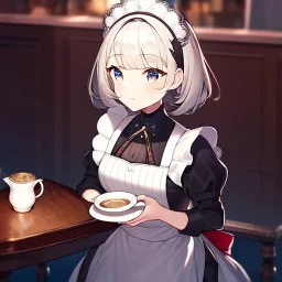 anime girl dressed as a waitress filling a tea cup of coffee, in a diner, with tables and chairs nd booths