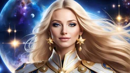 beautiful woman, commander of the unitary fleet, where the iris of the eyes are the gateway to the cosmos, happy and smilling, the pupil containing the stars, blond straight long hair, intricate, unreal, cosmic, harmonious,
