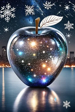 crystal apple; Exquisite richly detailed New York harbor with night sky backdrop and distant pewter cityscape inside; on display in glass Silver glowing apple, snowflakes, glitter, beautiful, magical masterpiece, ethereal fantasy, hyperdetailed, beautiful, celestial, glowing, filigree, imagination, dreamlike art Intricate, vibrant colors, psychedelic holographic Art; Regal; Hyperdetailed; Lovely; Royo; Bagshaw, Chevrier, Ferri, Kaluta, Minguez, Pixiv, Mucha, Cina. Cinematic, 8K3D