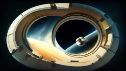 circular, tube, space station over a planet, photorealism