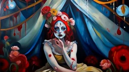 a painting of a woman with flowers on her head, a surrealist painting, cg society contest winner, inside a circus tent, mixed media painting, night outside, acrylic drawing, whimsy, puppet on a string, acryl on canvas, mixed medias, jester themed, large pastel, potrait, dream