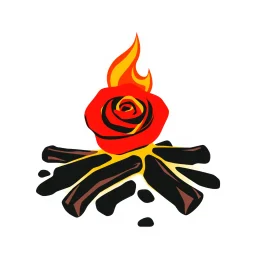 a camp fire with dark embers, the flames spiral to make the shape of a rose flower(red) , black and red Vector on white background