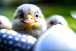 Generate an image showing a close-up of an egg cracking open to reveal a small, gray duckling with a surprised expression. Surround the duckling with other unhatched eggs and depict the mother duck looking surprised and confused at the appearance of the duckling.
