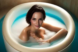 contented beautiful brunette in a big foam spa bathtube spa things, soft colors, in sunshine