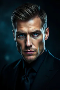 A man with a dark suit his eyes like faceted crystal,