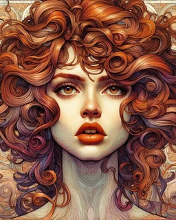 Tile hair, flaming lips, eyes seeking eternity, leader of the witch community, coppery tresses tumbled about her face, tremendous facial anatomy, meaningful beautiful brown eyes, wavy purplish hair, one third rule, trending on top of Art station, by Alphonse Mucha"