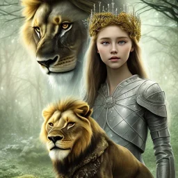 Young beautiful girl with floral crown next to a stunning lion on nature forest path, Chronicles of Narnia, 8k resolution, high-quality, fine-detail, iridescent, intricate, digital art, detailed matte, volumetric lighting, beautiful, illustration, 3D octane render, brian froud, howard lyon, selina french, anna dittmann, annie stokes, lisa parker, greg rutowski,