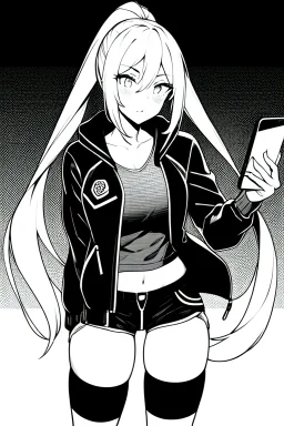 blonde girl with ponytails dressed in a jacket and shorts use cell phone's flashlight, greyscale