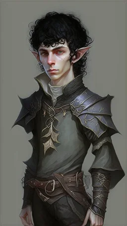 boy elf,he has curly, black hair and sharp cheekbones. His eyes are black. He wears fantasy medieval clothes. he is lean and tall, with pale skin, full body with boots, side view