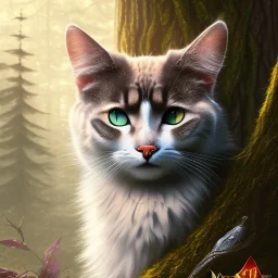 close up on almost invisible cat in a tree in magical forest, fantasy book cover art