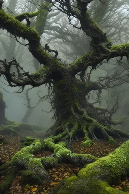 a scary tree without leaves . its skin is covered in moss and lichen, allowing it to blend seamlessly into its surroundings. Forest Spirits feed on the energy of trees and can create thick fog to confuse their victims.