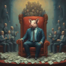 rich pig in suit on a throne making stacks of money by making a deal with a buisnessman. background of musicians. beksinski style