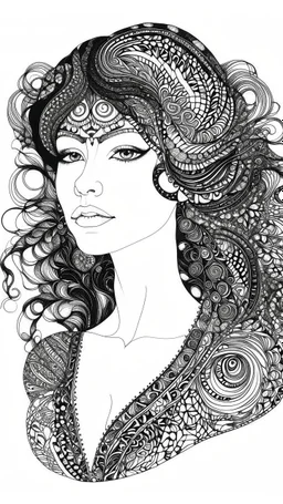 A beautiful silhouette a front view of girl billustration in zentangle patterns in the old world aesthetics in artistic style of gustav Klimt, fine line draw
