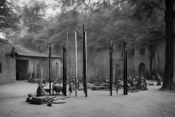 [very impressive high res masterpiece in Kodak Eastman 5247, scene by László Krasznahorkai] weapons ready to be used by Joan of Arc leonardo's katana, michelangelo's nunchaku, donatello's bo staff, raphael's sai