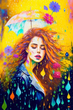 acrylic portrait of a woman, lush hair, rain, flowers, umbrella, autumn, paint blots, splashes, tears, plants, yellow, blue, green, orange colors