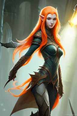 painting of a tall elven young woman with short light orange hair and freckles on the cheak bones and tall body of a topmodel light clothes, long shot, ultra realistic, concept art, intricate details, eerie, highly detailed, photorealistic, octane render, 8 k, unreal engine. art by artgerm and greg rutkowski and charlie bowater and magali villeneuve and alphonse mucha