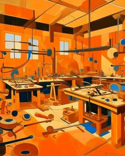 A light tannish orange colored workshop with power tools painted by Wassily Kandinsky