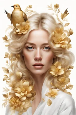 White background, portrait of a blonde woman, gold flowers, golden birds