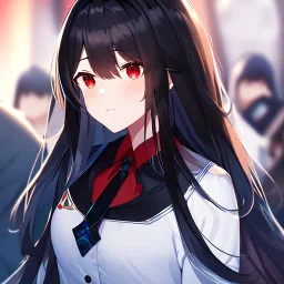 Clear focus,High resolution, black long fluffy hair, long fluffy bangs, red eyes, wearing a lab outfit, extreme close up, evil smile