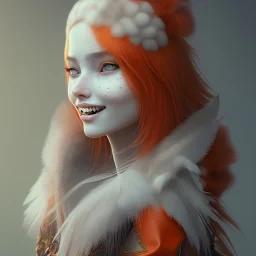 A beautiful portrait of a cute woman orange color scheme, high key lighting, volumetric light high details with white stripes and feathers and celtic paterns, animal skin-color-grey-jacket, long-sharp-teeth-front of vampire, cute smile