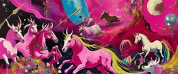A purplish magenta outer space with cosmic unicorns designed in African pottery painted by Edgar Degas