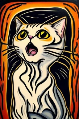 Cat holding her head with her hand like the scream Edvard Munch. Painting style of Edvard Munch