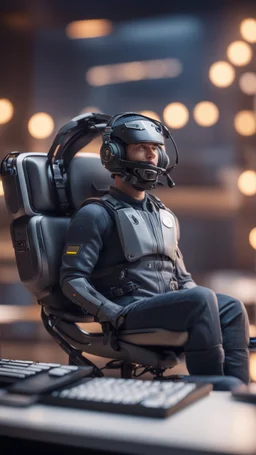 head set helmet rig with chair and with keyboard on stomach attached ,bokeh like f/0.8, tilt-shift lens 8k, high detail, smooth render, down-light, unreal engine, prize winning