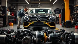 A car repair shop where two people in work clothes are repairing a black and yellow Benz CLS 550 with an eye-catching theme in a sophisticated and special repair shop where at the bottom of the image a collection of car engine parts are arranged on the floor with lighting and a classic atmosphere.