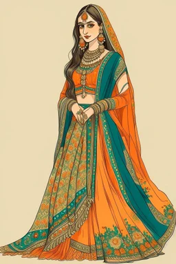 AN ILLUSTRATION OF a girl wearing mehdi lehnga dress