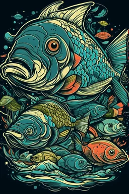 A ilustration of FISH-MEN,COLOR. middle ground design, t-shirt design, no black ground, vector, 4k