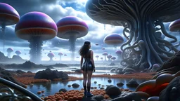 detailed matte painting of a wide-angle shot of a woman standing on the right-hand side of an alien beach, with dark hair in a silver robotic catsuit, many floating mushrooms with jellyfish tentacles, alien jungle trees in the distance, deep colour