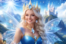 A beautiful photo hyper realistic shiny white huge cosmic crystal transparent and luminous faery castle on blue hills in the background with the portrait of a gorgeous smiling blonde goddess dressed in blue glitter and bright gold galactic uniform and veils of light floating in the sky, crystals water, diamonds, glitter smalls white and littles stars, white and glitter, cosmos, 4k, ultra details, real image with intricated details, unreal engine 4, bokeh
