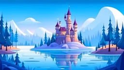 cartoon illustration, disney style: a large beautiful frozen lake and next to the lake is a magical castle. The castle is on a hill, surrounded by pine trees.